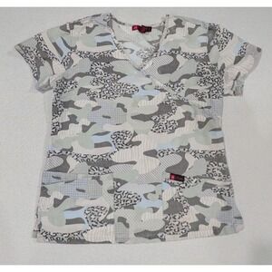 Actual Scrub Top Women Small Grey Camo Leopard Mock Wrap V-Neck Back Tie Medical